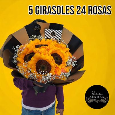 Ramo de 24 rosas con 5 girasoles