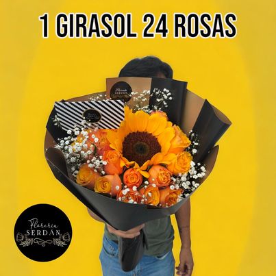 Ramo de 24 rosas con 1 girasol