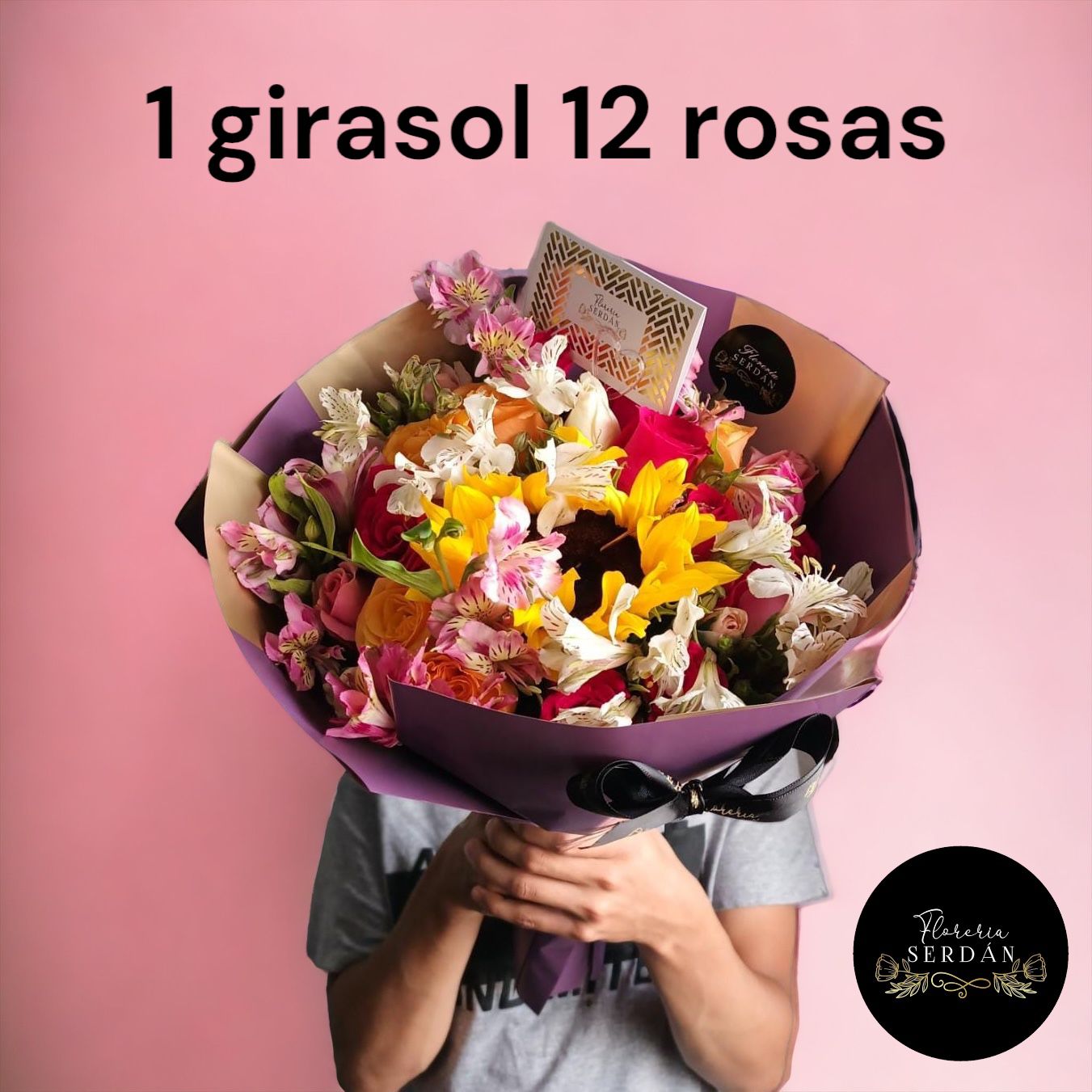 Ramo de 12 rosas con 1 girasol