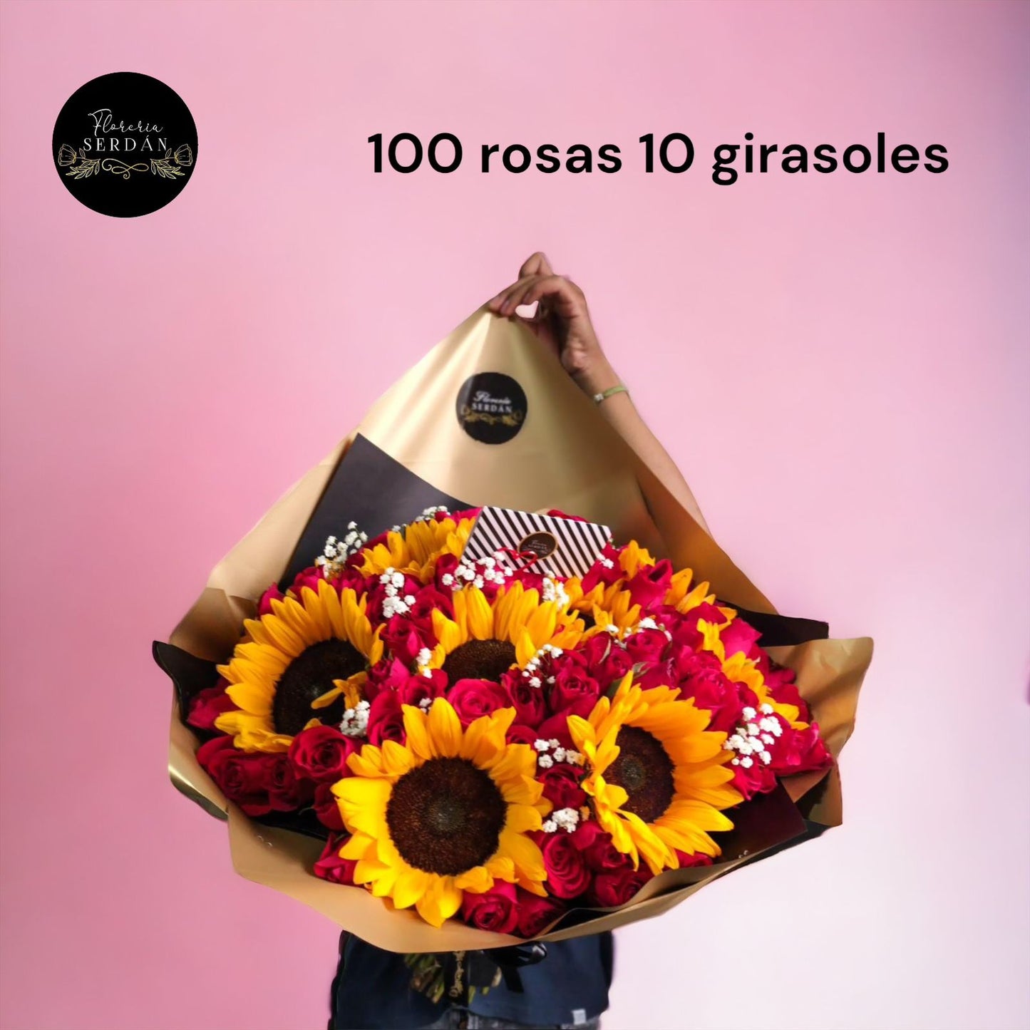 Ramo de 100 rosas con 10 girasoles