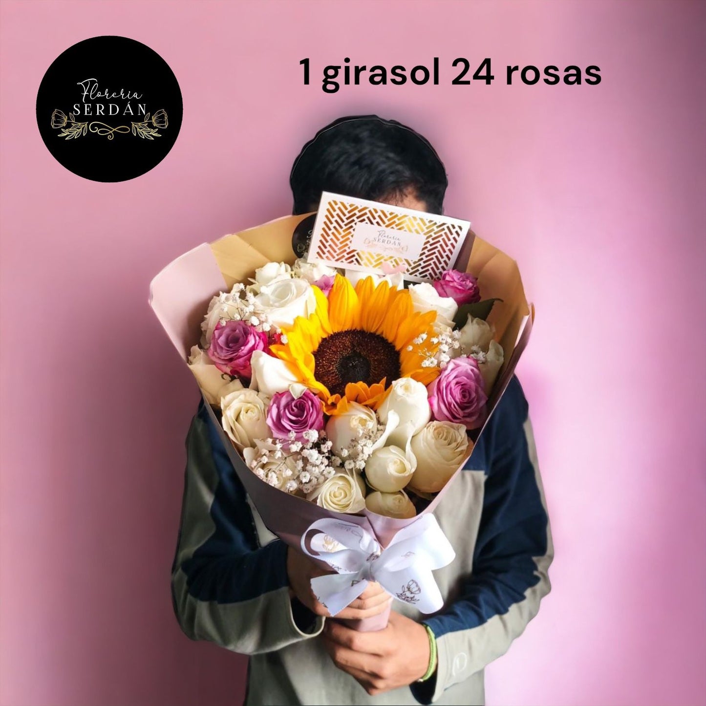 Ramo de 24 rosas con 1 girasol