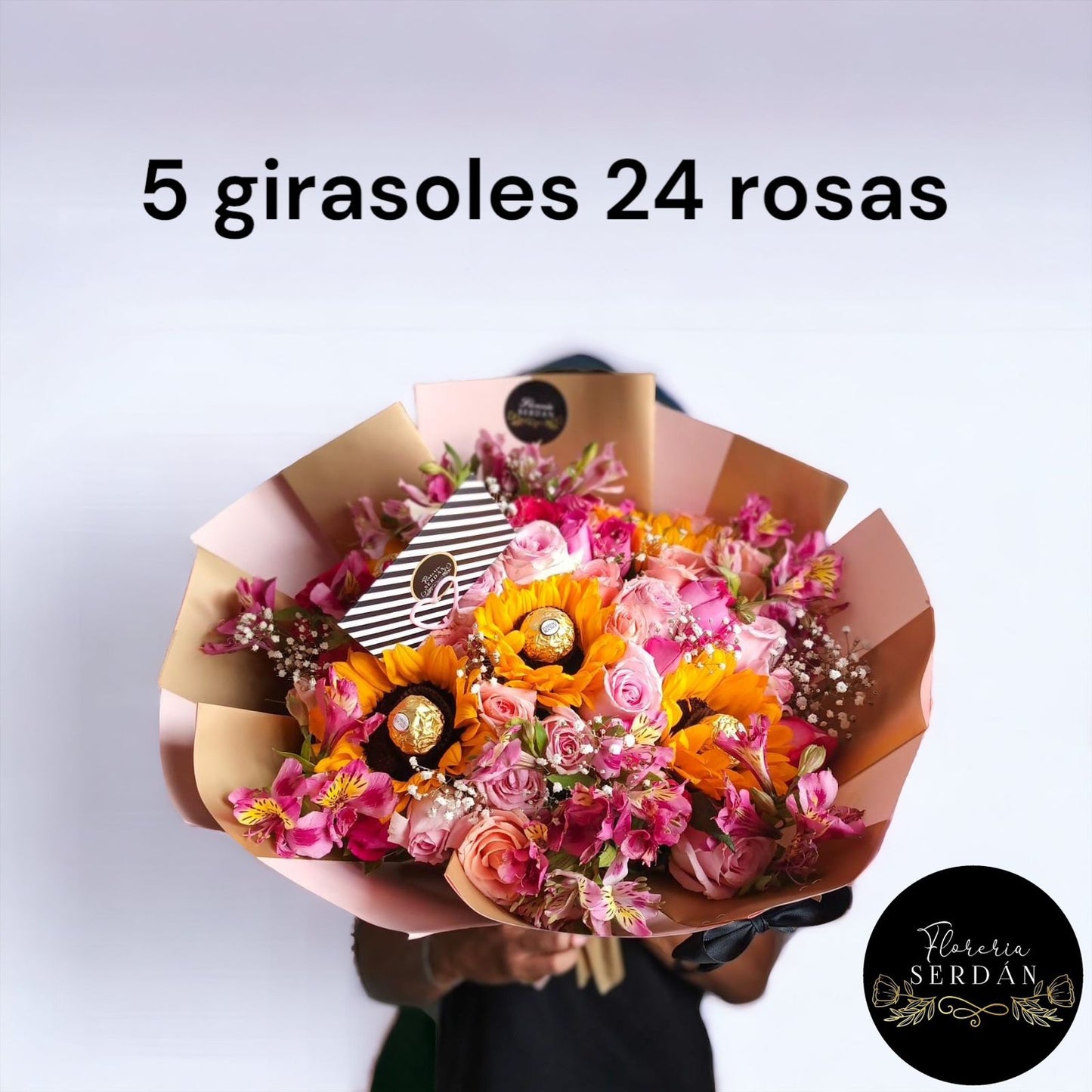 Ramo de 24 rosas con 5 girasoles