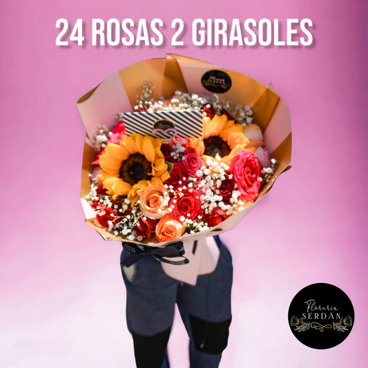 Ramo de 24 rosas con 2 girasoles