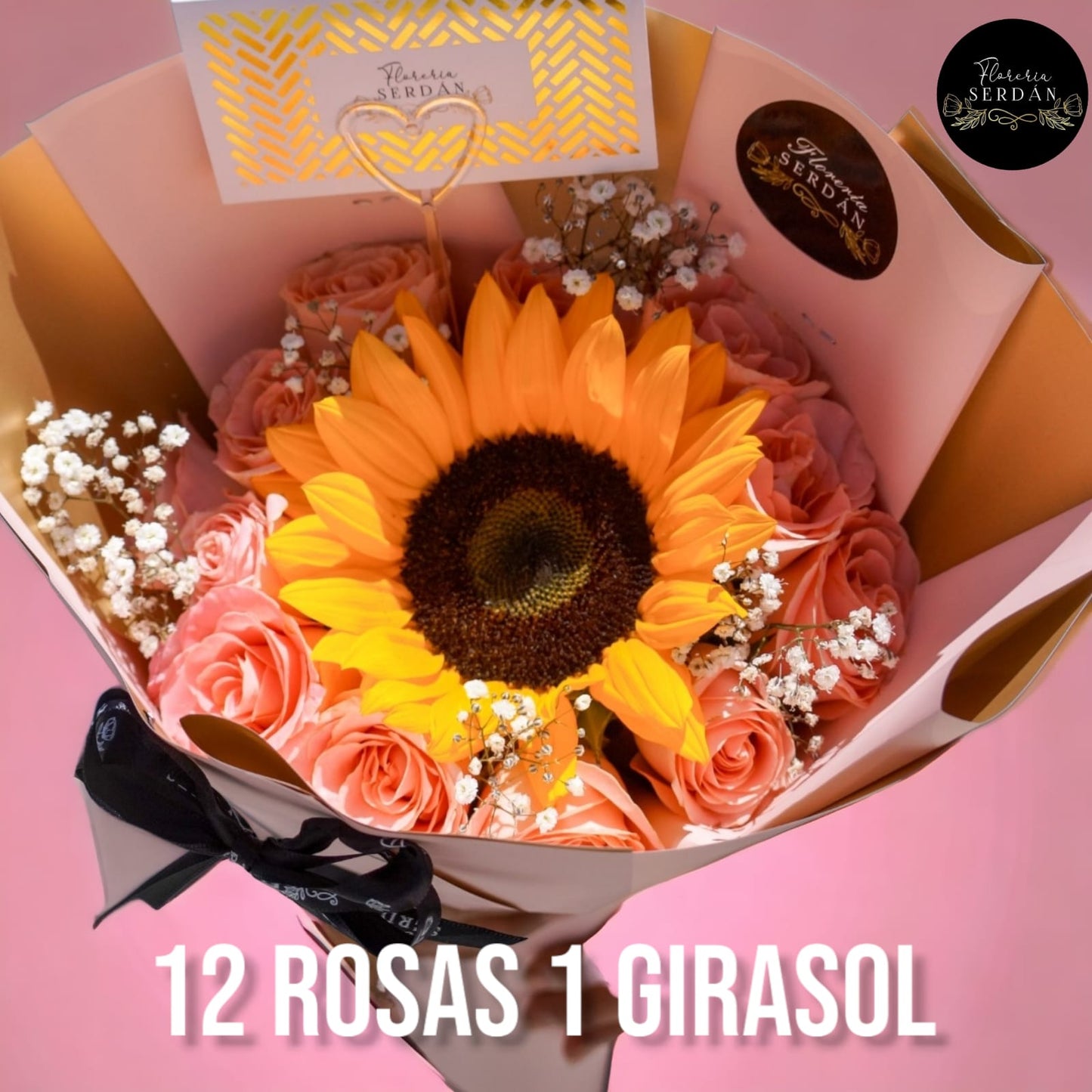 Ramo de 12 rosas con 1 girasol