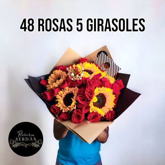 Ramo de 48 rosas con 5 girasoles