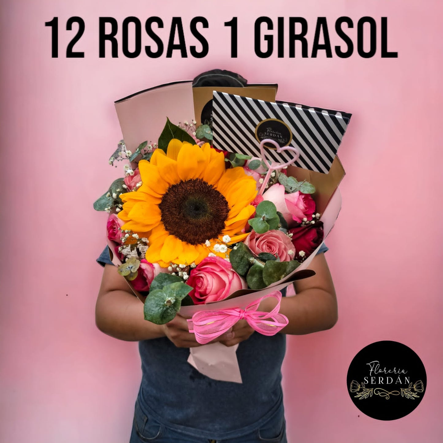 Ramo de 12 rosas con 1 girasol