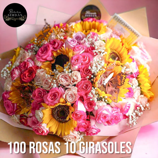 Ramo de 100 rosas con 10 girasoles