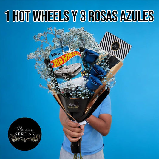 Ramo de 1 Hot Wheels y 3 rosas azules